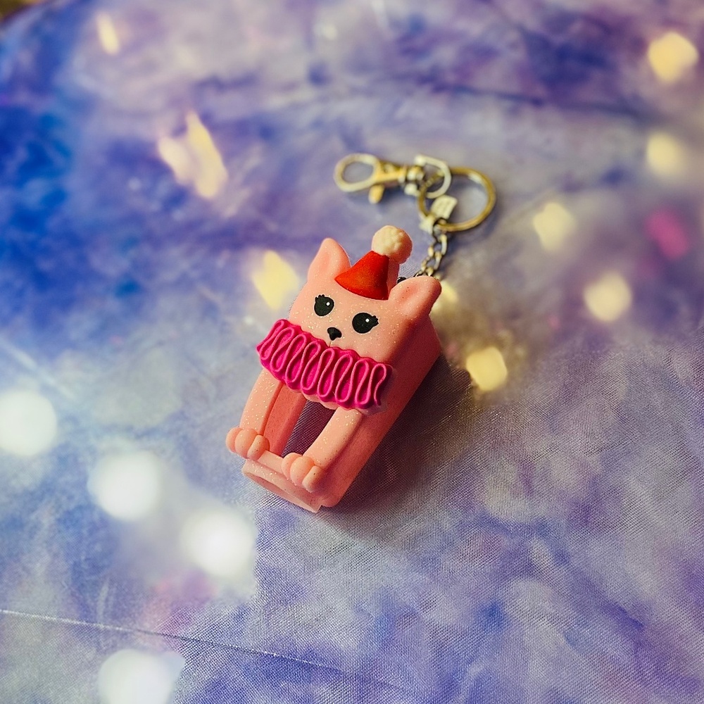 Kitschy Christmas Bath and Body Pink Santa Cat Hand Sanitizer Holder/Keychain - Picture 1 of 3